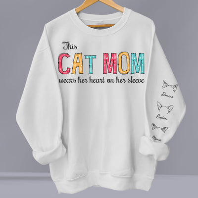 Cat Mom Dad Hearts On Sleeve - Personalized Custom Long Sleeve T-shirt