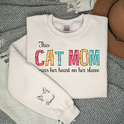 Cat Mom Dad Hearts On Sleeve - Personalized Custom Sweatshirt