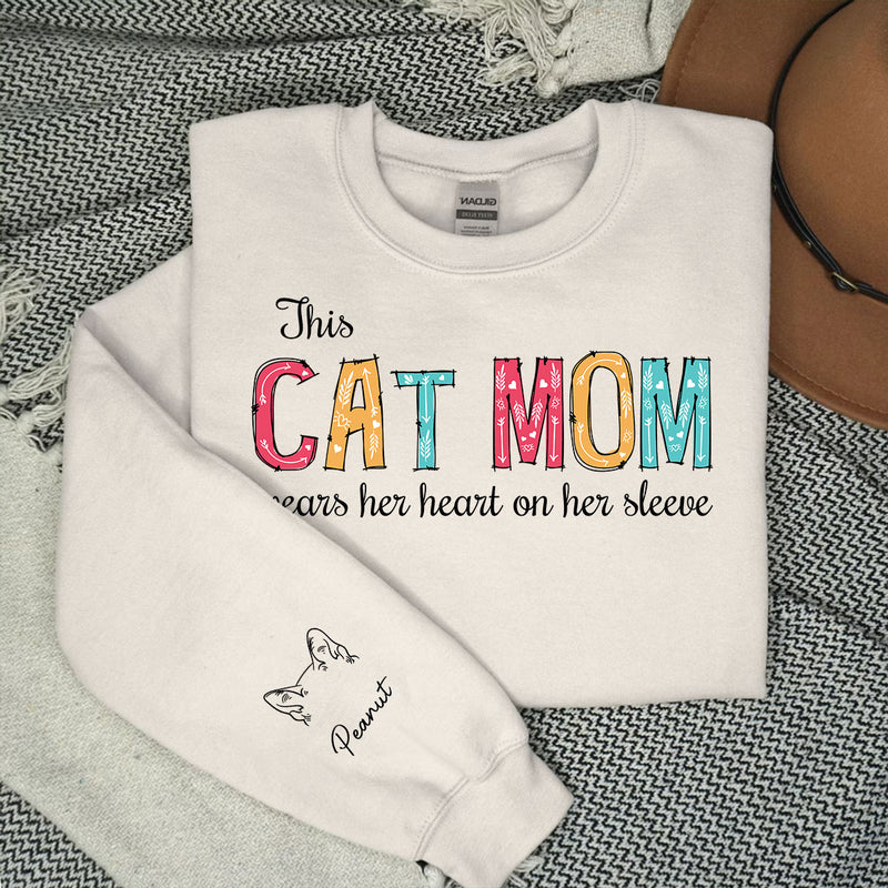 Cat Mom Dad Hearts On Sleeve - Personalized Custom Long Sleeve T-shirt