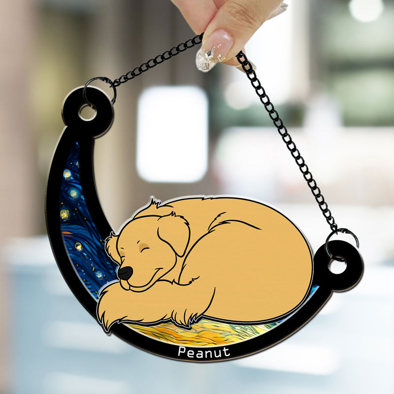 Curled Dog Sleeping On The Moon - Personalized Custom Suncatcher