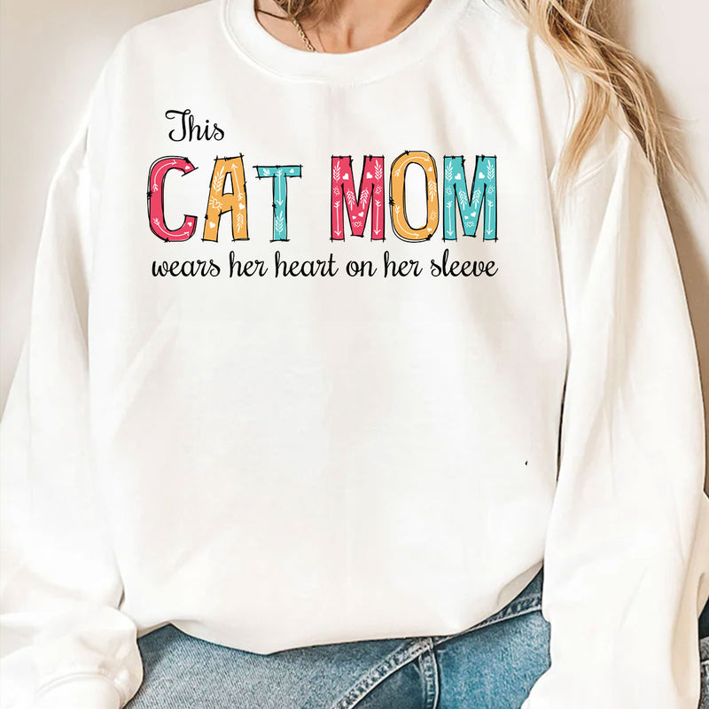 Cat Mom Dad Hearts On Sleeve - Personalized Custom Sweatshirt