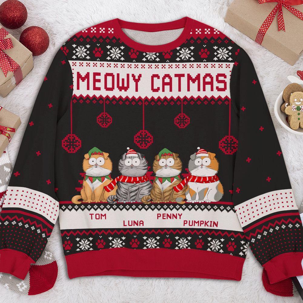 Funny Catmas Personalized Custom Pet Parent Snowy Christmas Ugly Sweatshirt