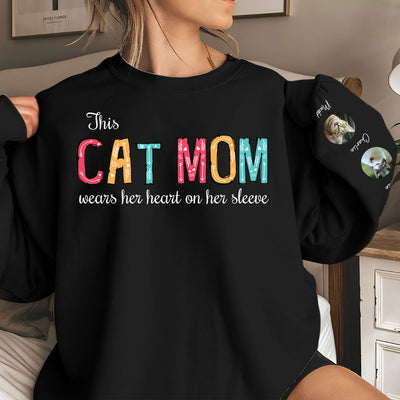 Cat Mom Dad Hearts On Sleeve Photo - Personalized Custom Sweatshirt