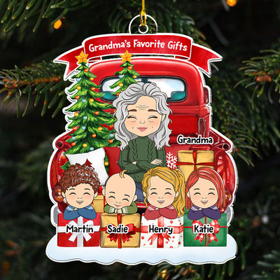 Grandma And Grandkids On Red Truck (Version 7-12 Kids) - Personalized Custom Acrylic Ornament