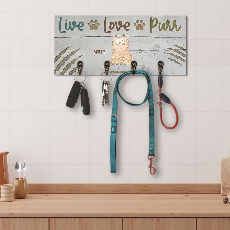 Live Love Purr Cat - Personalized Custom Wooden Key Holder