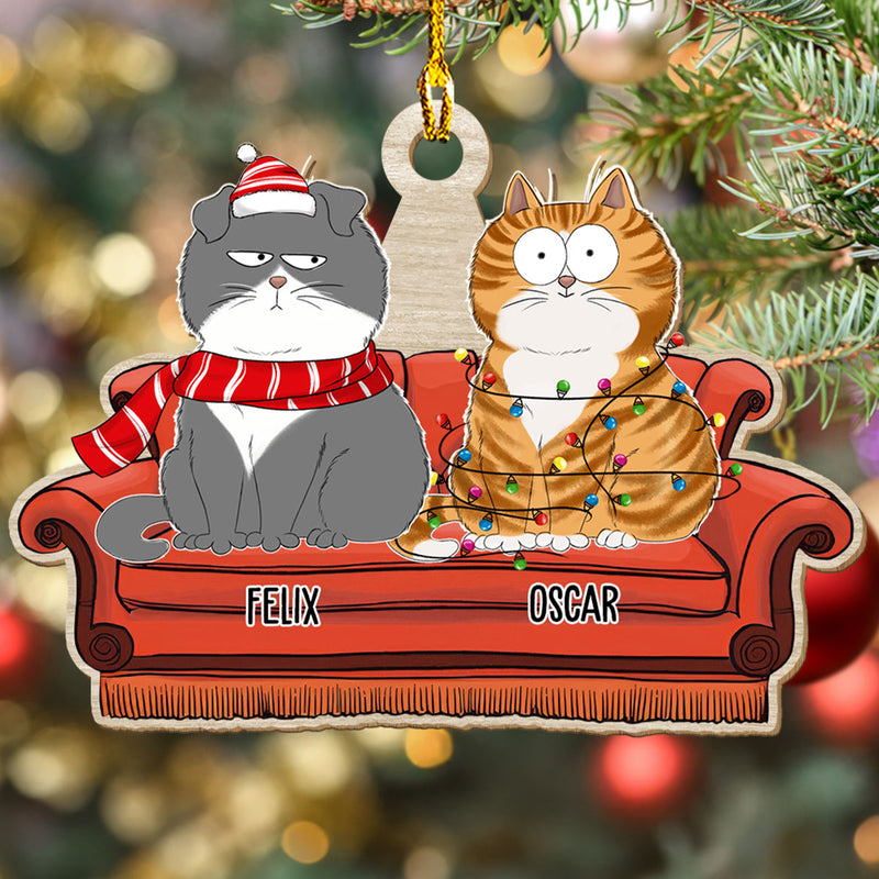 Cats On Sofa - Personalized Custom 1-layered Wood Ornament