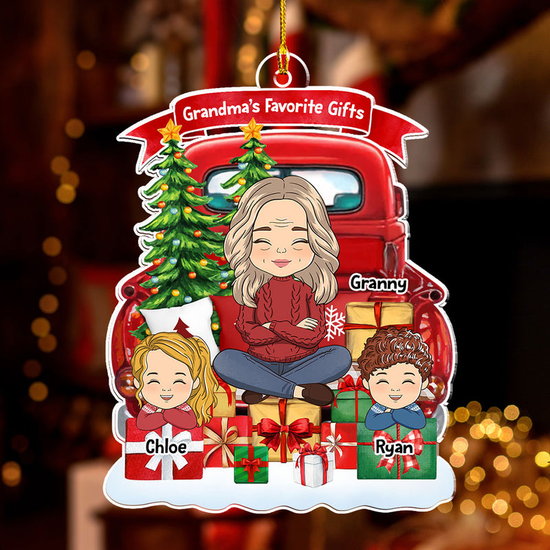 Grandma And Grandkids On Red Truck (Version 7-12 Kids) - Personalized Custom Acrylic Ornament