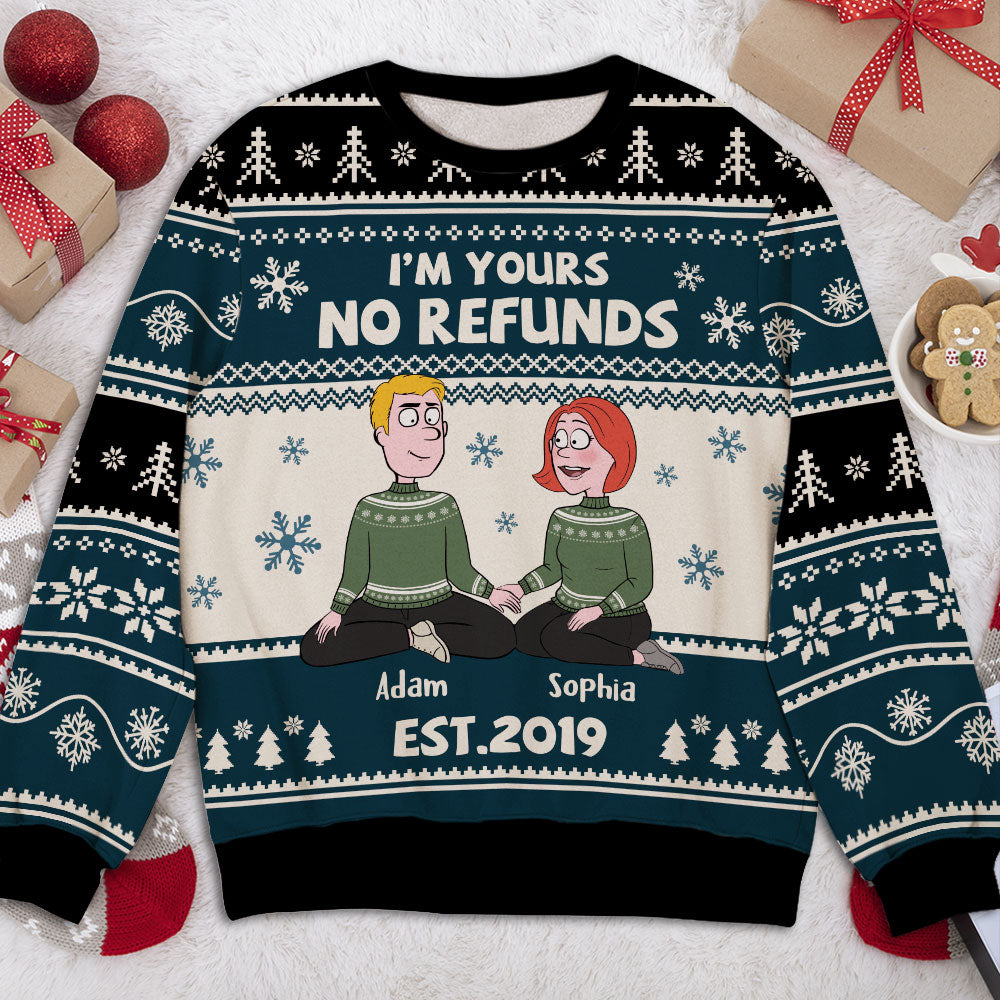 No Refunds Couple Hubby Wifey Christmas Personalized Custom Ugly Sweatshirt