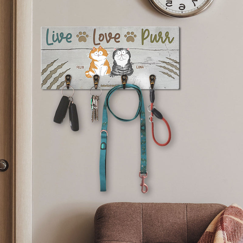 Live Love Purr Cat - Personalized Custom Wooden Key Holder