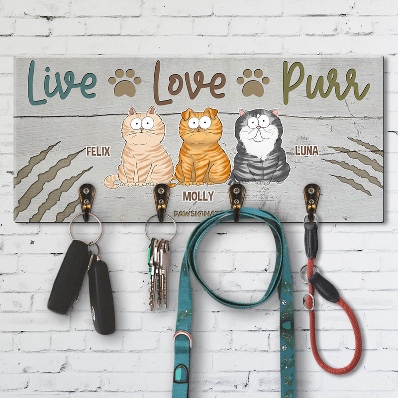 Live Love Purr Cat - Personalized Custom Wooden Key Holder