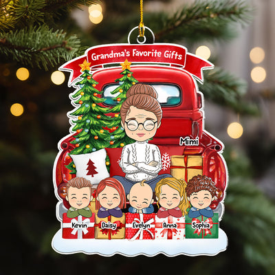 Grandma And Grandkids On Red Truck (Version 7-12 Kids) - Personalized Custom Acrylic Ornament