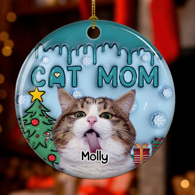 Upload Photo Lovely Cat Mom - Personalized Custom 3D Inflated Effect Ceramic Ornament