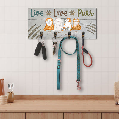 Live Love Purr Cat - Personalized Custom Wooden Key Holder