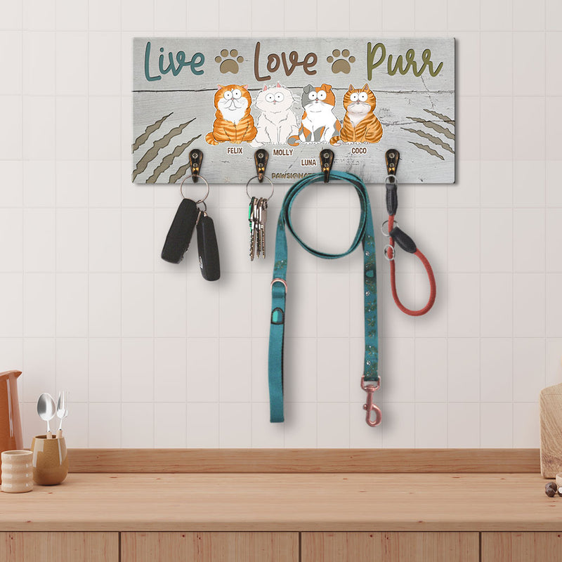 Live Love Purr Cat - Personalized Custom Wooden Key Holder