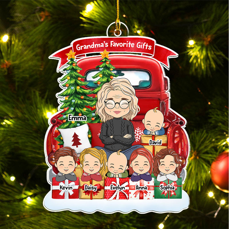 Grandma And Grandkids On Red Truck (Version 7-12 Kids) - Personalized Custom Acrylic Ornament