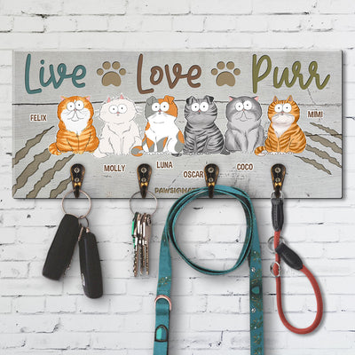 Live Love Purr Cat - Personalized Custom Wooden Key Holder