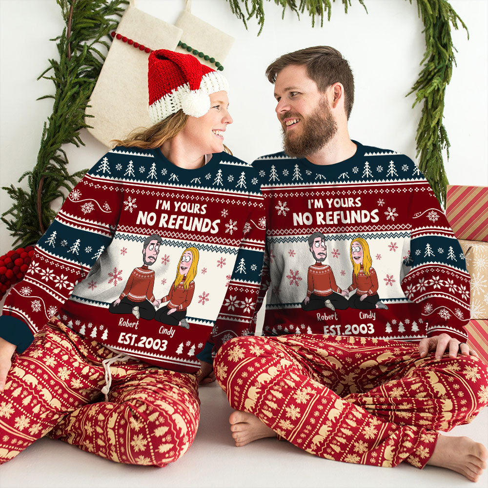 No Refunds Couple Hubby Wifey Christmas Personalized Custom Ugly Sweatshirt