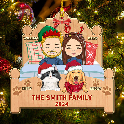 Happy Family With Pets - Personalized Custom 1-layered Wood Ornament