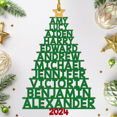 Family Names Christmas Tree (Version 11-14 Names)  - Personalized Custom 1-layered Wood Ornament