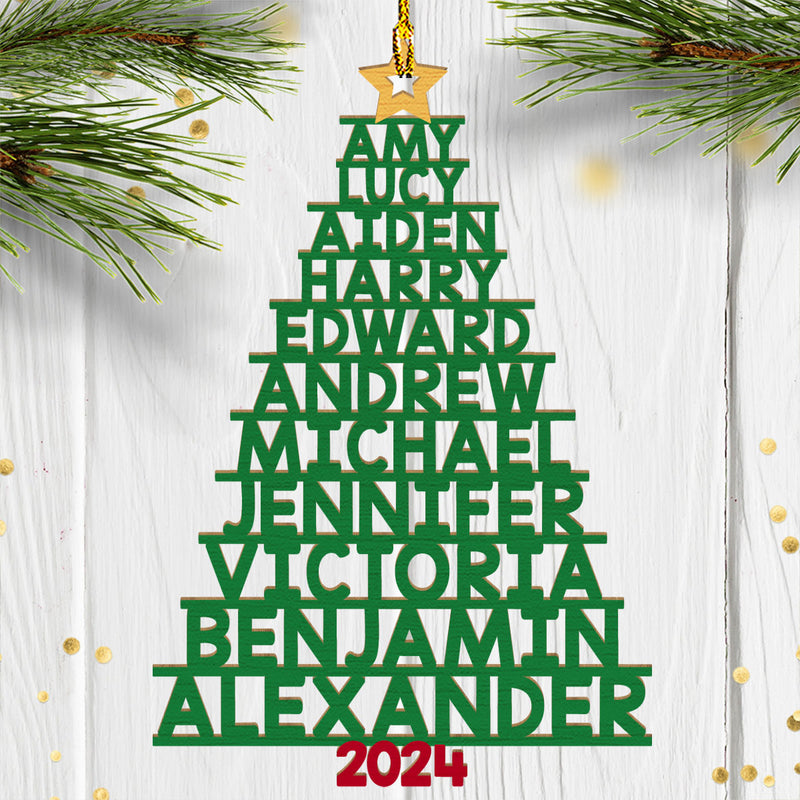 Family Names Christmas Tree (Version 11-14 Names)  - Personalized Custom 1-layered Wood Ornament