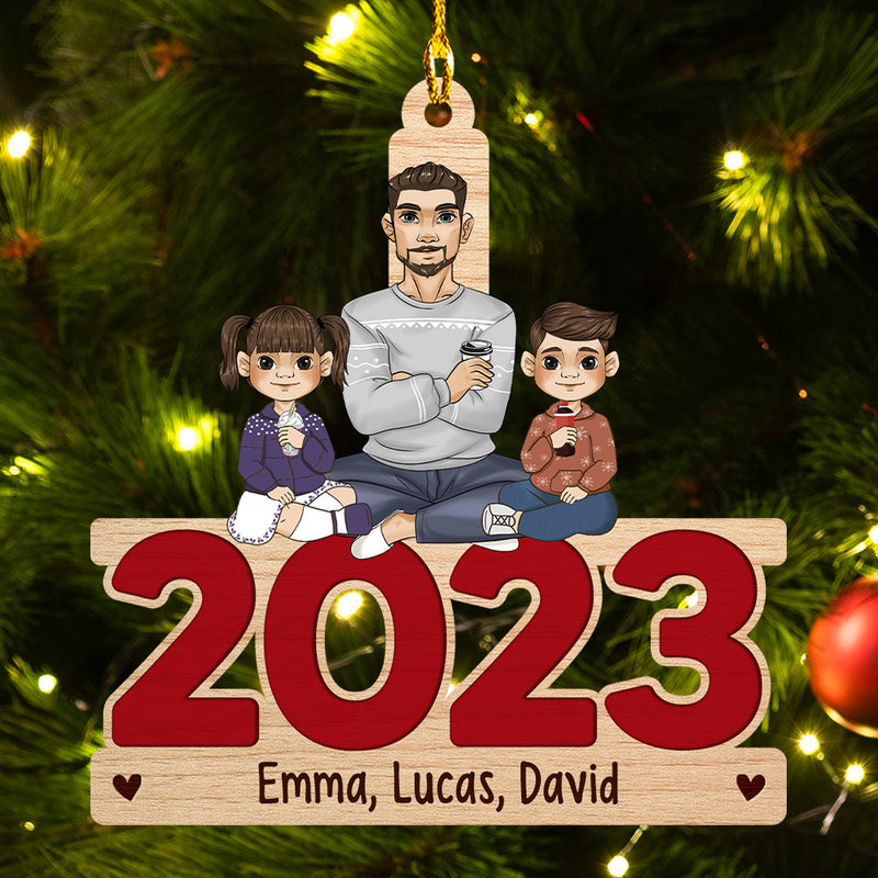 Single Parent & Kids Sitting 2023 - Personalized Custom 1-layered Wood Ornament