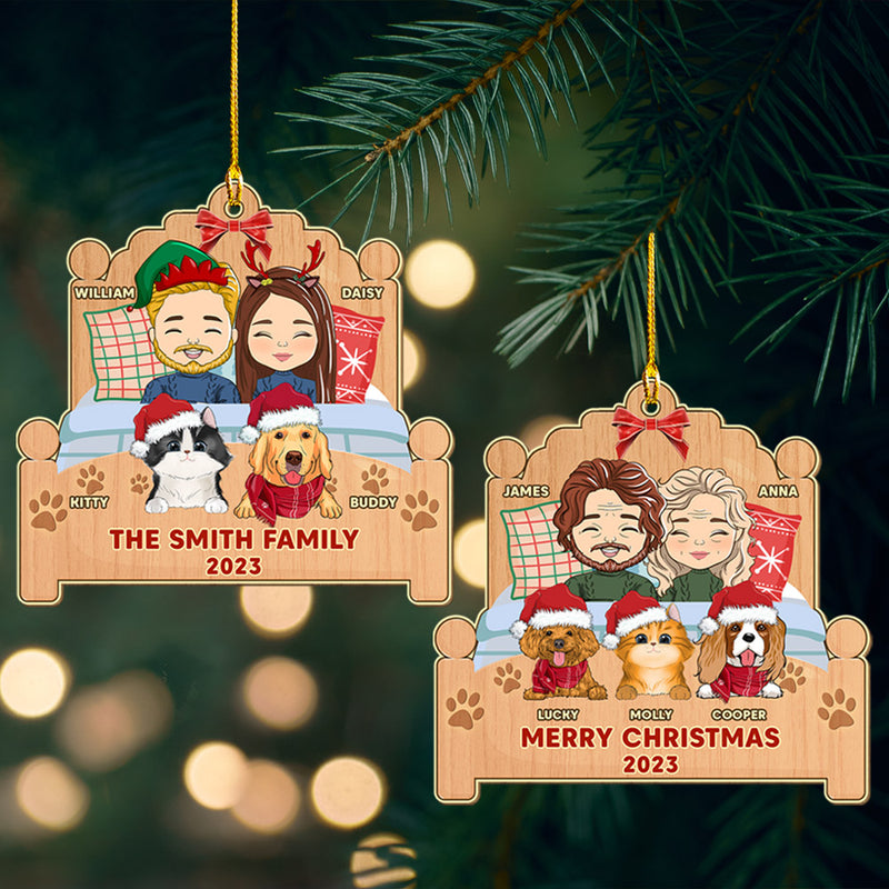 Happy Family With Pets - Personalized Custom 1-layered Wood Ornament