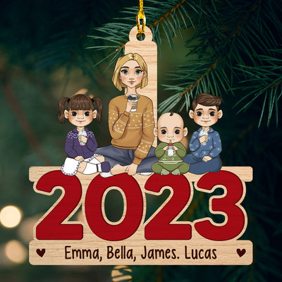 Single Parent & Kids Sitting 2023 - Personalized Custom 1-layered Wood Ornament