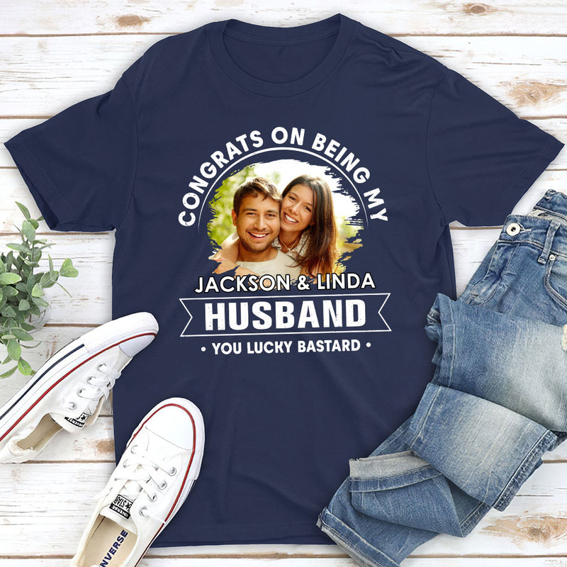 Lucky To Be My Husband - Personalized Custom Premium T-shirt