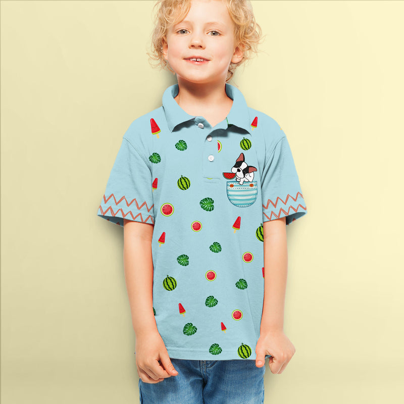 French Bulldog And Watermelon Blue - Kids Polo Shirt