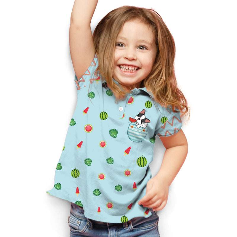 French Bulldog And Watermelon Blue - Kids Polo Shirt