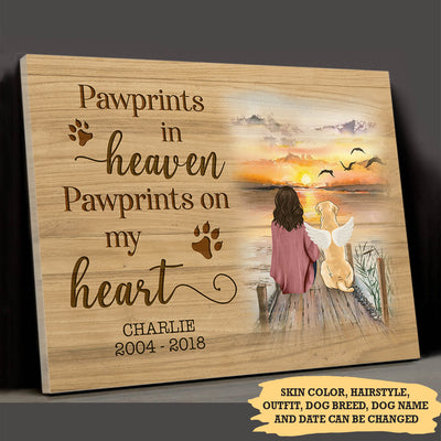 Pawprints In Heaven Pawprints On My Heart - Personalized Custom Canvas Print - Memorial Dog Gifts