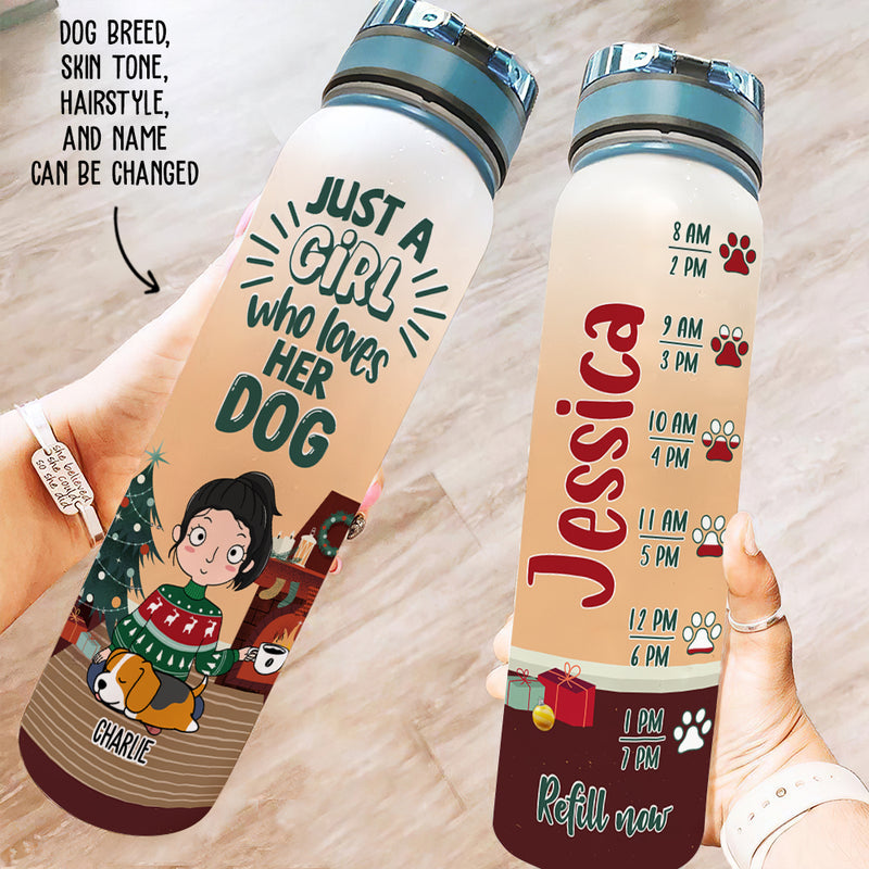 A Girl Loves Dog Christmas - Personalized Custom Water Tracker Bottle