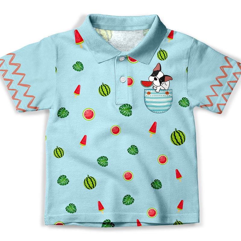 French Bulldog And Watermelon Blue - Kids Polo Shirt