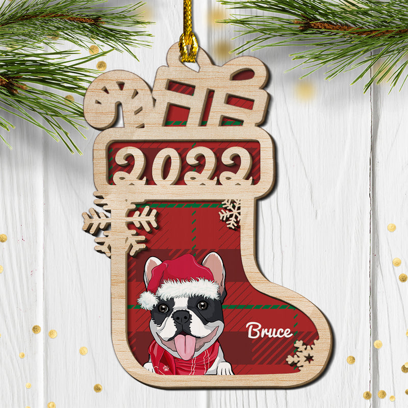 Dog Christmas Sock - Personalized Custom 2-layered Wood Ornament