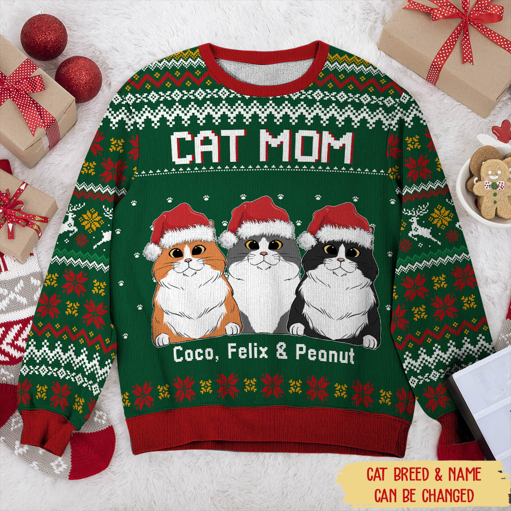 Cat Mom Dad Personalized Custom Pet Parent Snowy Christmas Ugly Sweatshirt