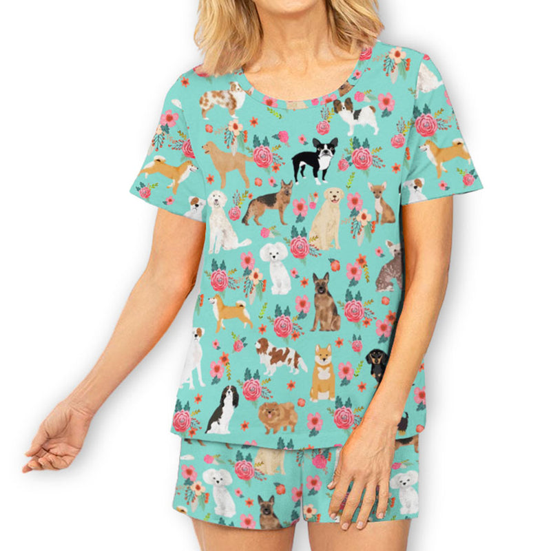 Dog Floral Pattern Mint - Short Pajama Set