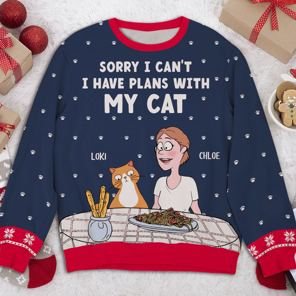 Plans With My Cat Personalized Custom Pet Parent Christmas Ugly Sweatshirt
