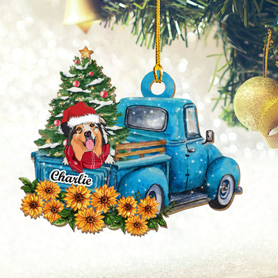 Blue Car Peeking Dog - Personalized Custom 1-layered Wood Ornament