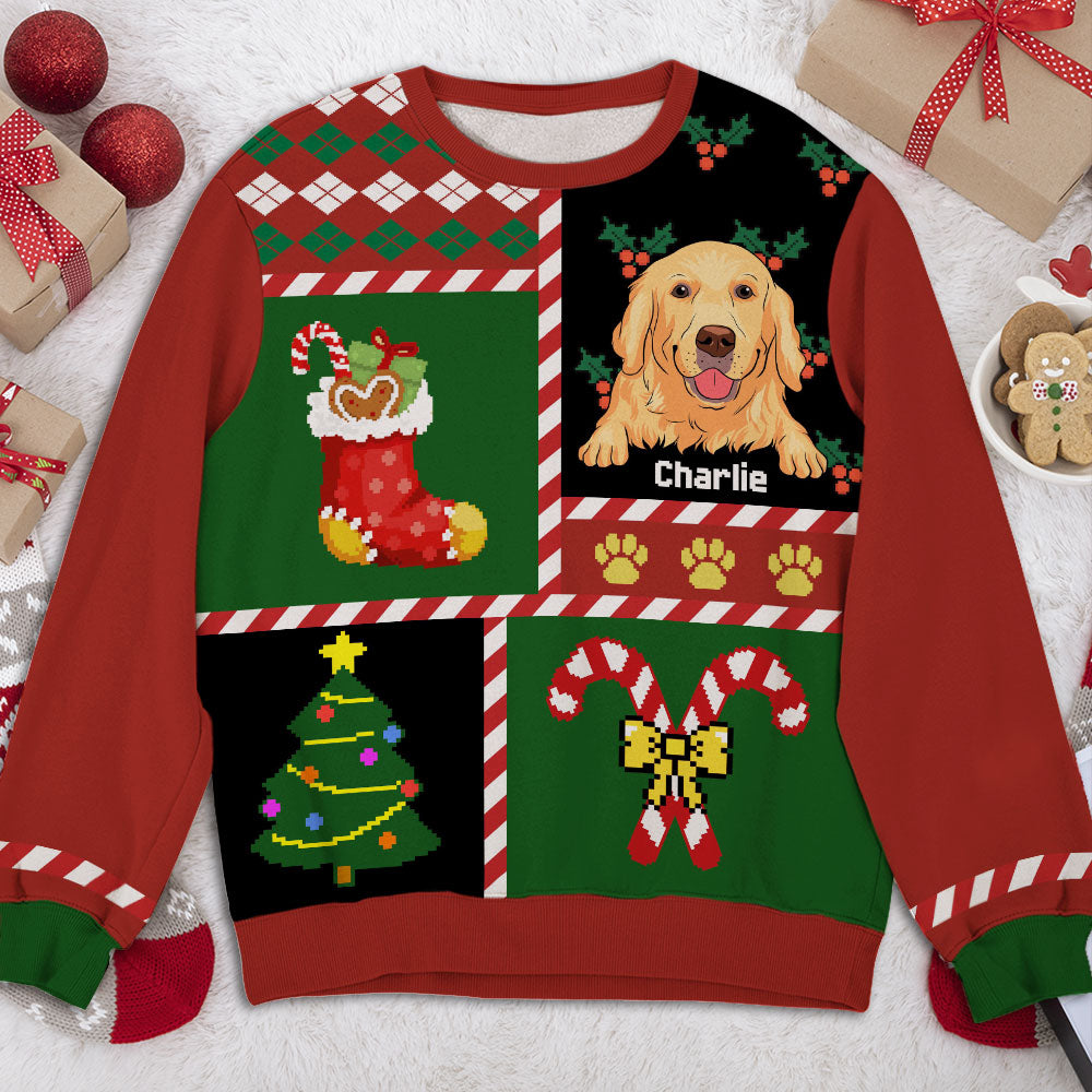 Peeking Dog Patchwork Xmas Personalized Knitted Custom Christmas Ugly Sweatshirt