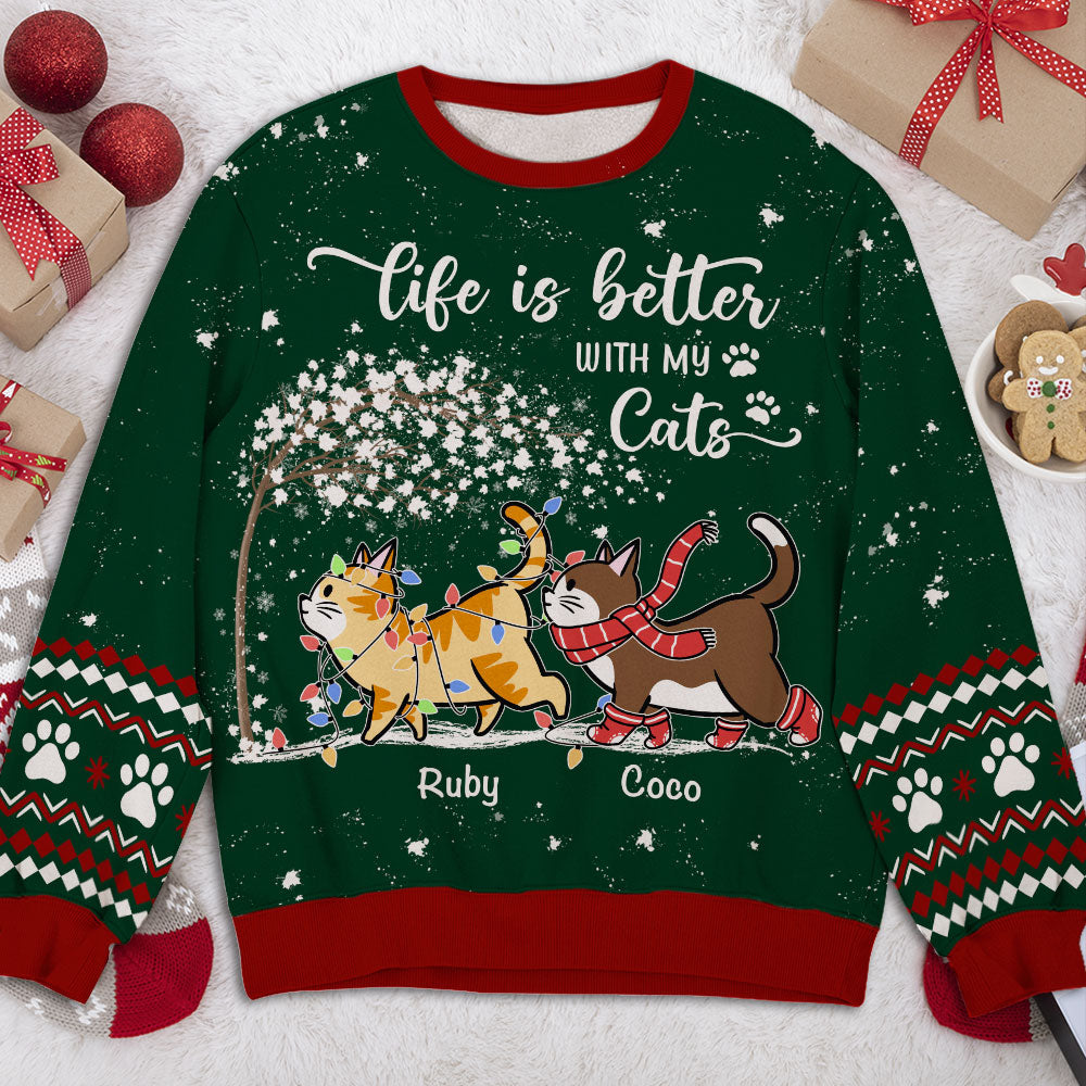 Better Life Christmas Personalized Pet Cat Lover Custom Ugly Sweatshirt