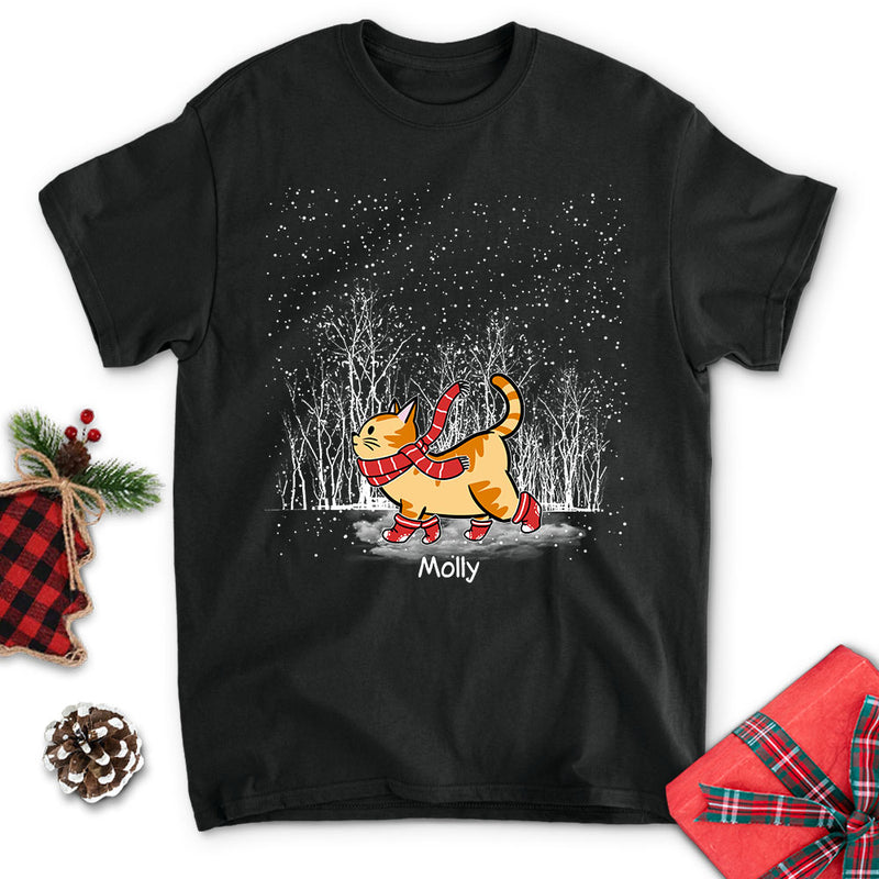 Cat Walking In Snow- Personalized Custom Unisex T-shirt