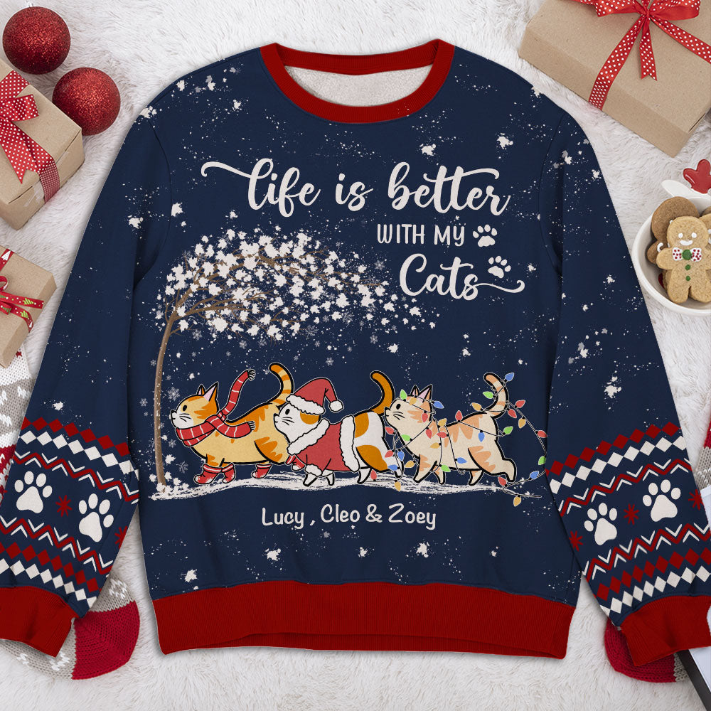 Better Life Christmas Personalized Pet Cat Lover Custom Ugly Sweatshirt