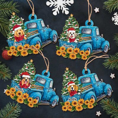 Blue Car Peeking Dog - Personalized Custom 1-layered Wood Ornament