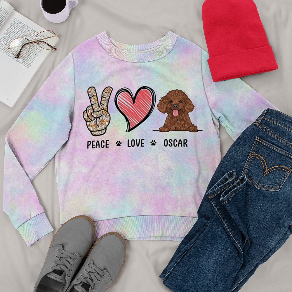 Peace Love Dog Tie Die Print Personalized Dogs Custom Christmas Ugly Sweatshirt