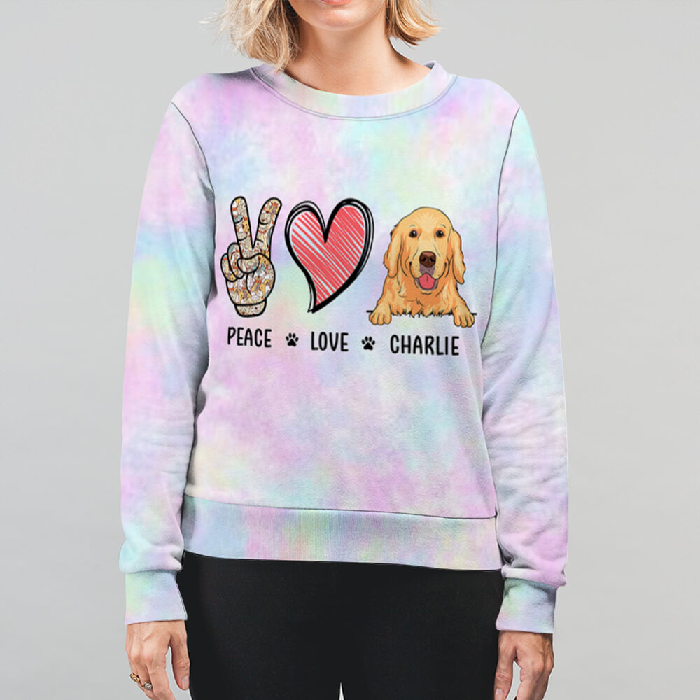 Peace Love Dog Tie Die Print Personalized Dogs Custom Christmas Ugly Sweatshirt
