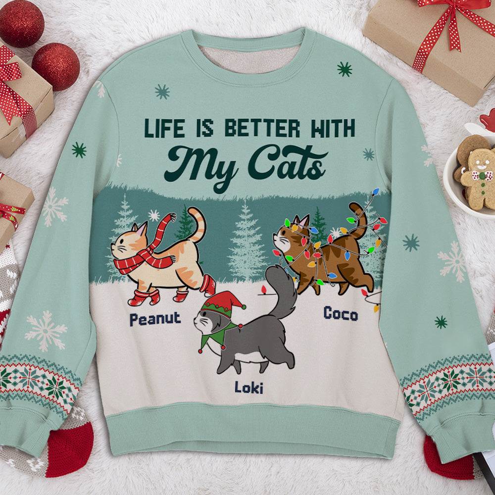 Better Life Walking Cat Personalized Custom Pet Parent Christmas Ugly Sweatshirt