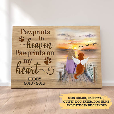 Pawprints In Heaven Pawprints On My Heart - Personalized Custom Canvas Print - Memorial Dog Gifts