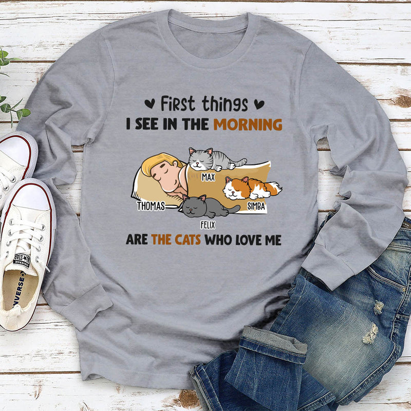 Morning First Thing Cat - Personalized Custom Long Sleeve T-shirt