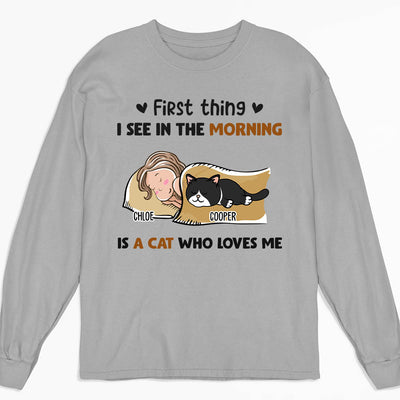 Morning First Thing Cat - Personalized Custom Long Sleeve T-shirt