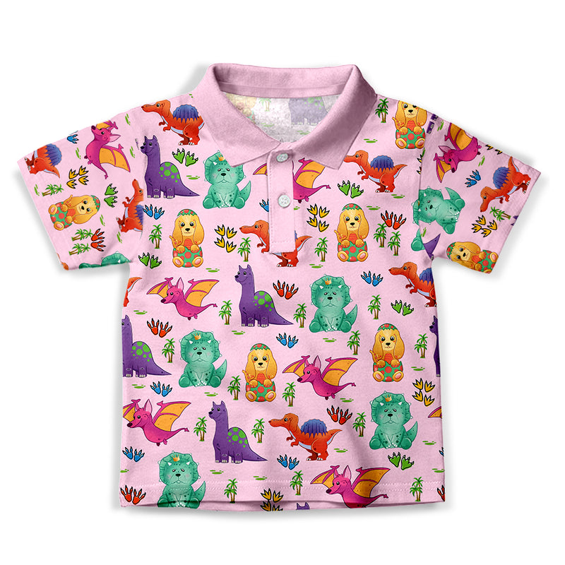 Dog And Dinosaur Pink - Kids Polo Shirt